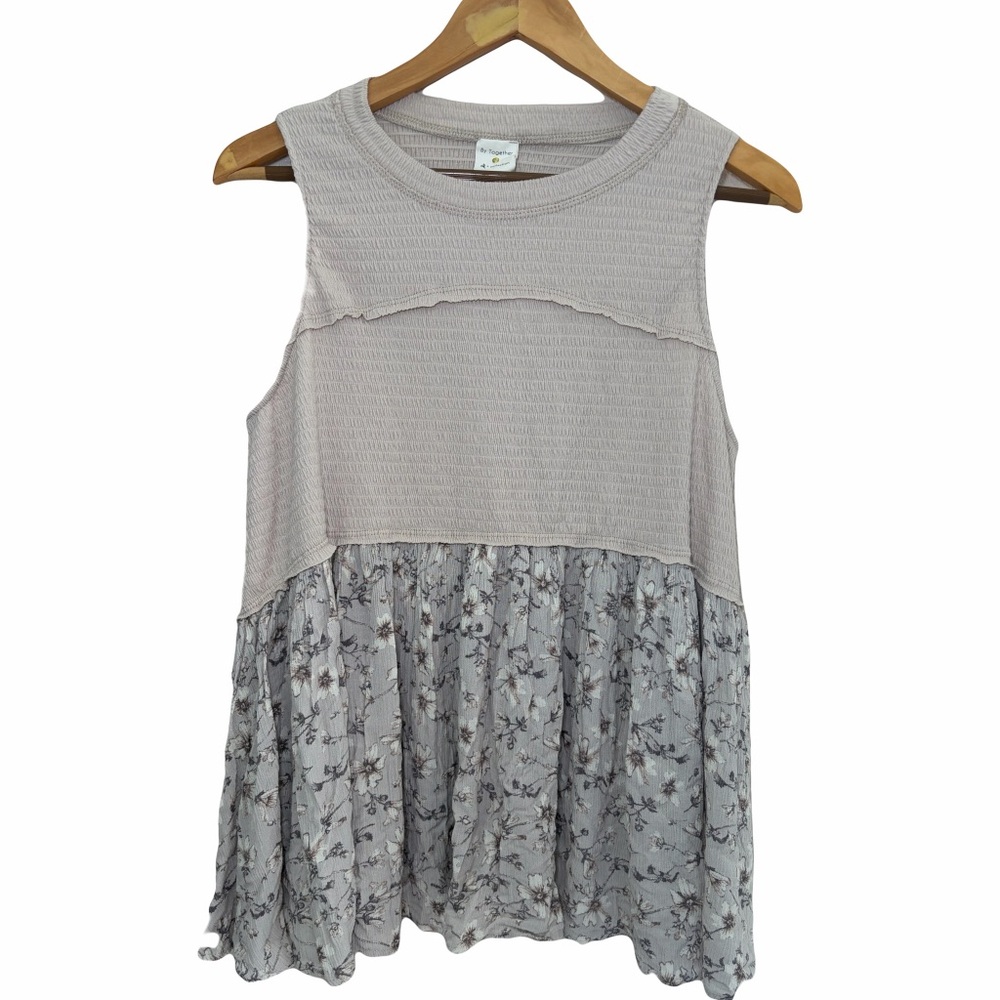 By Together Sleeveless Textured Floral babydoll Tunic Blouse Bohemian Flowy Top